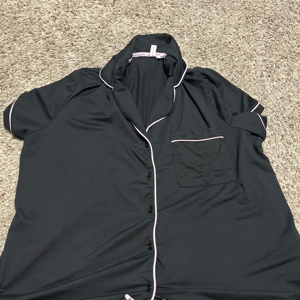 Black Button-Up Pajama Top with Pink Trim